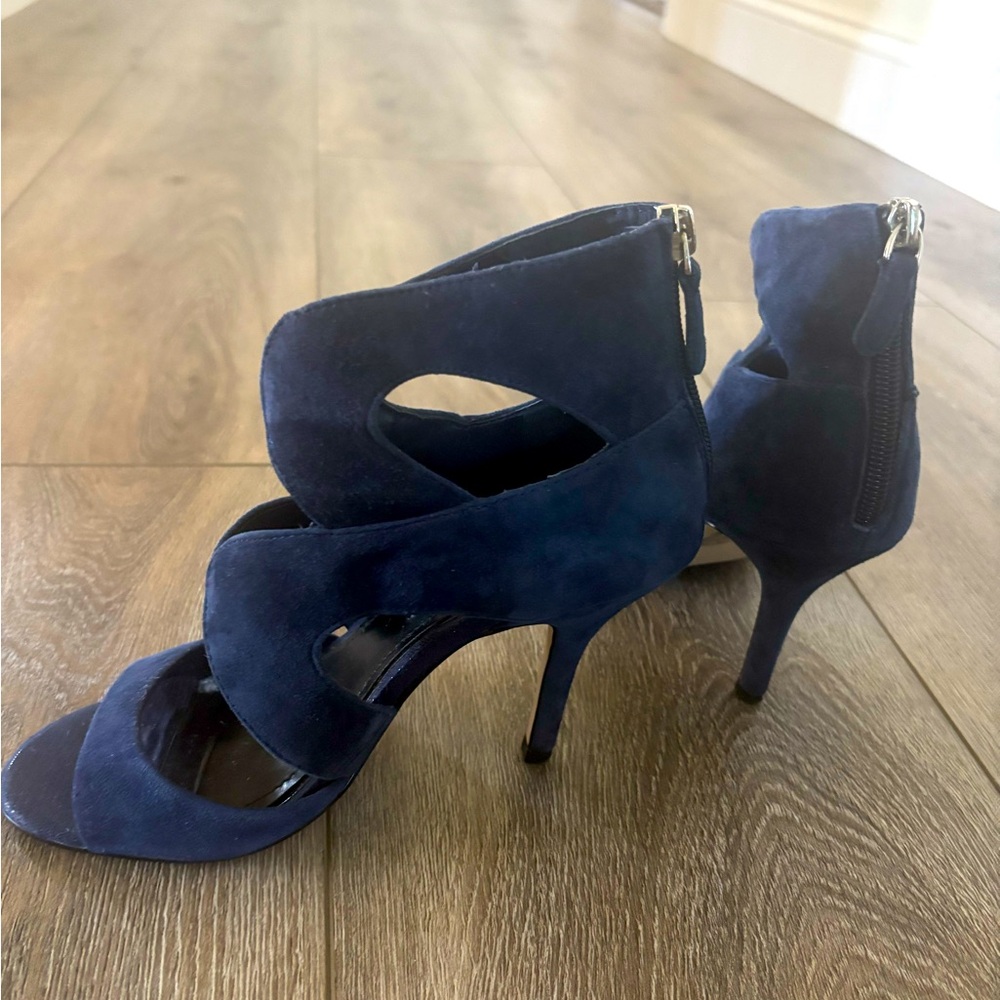 WHBM Navy Suede open toe heels